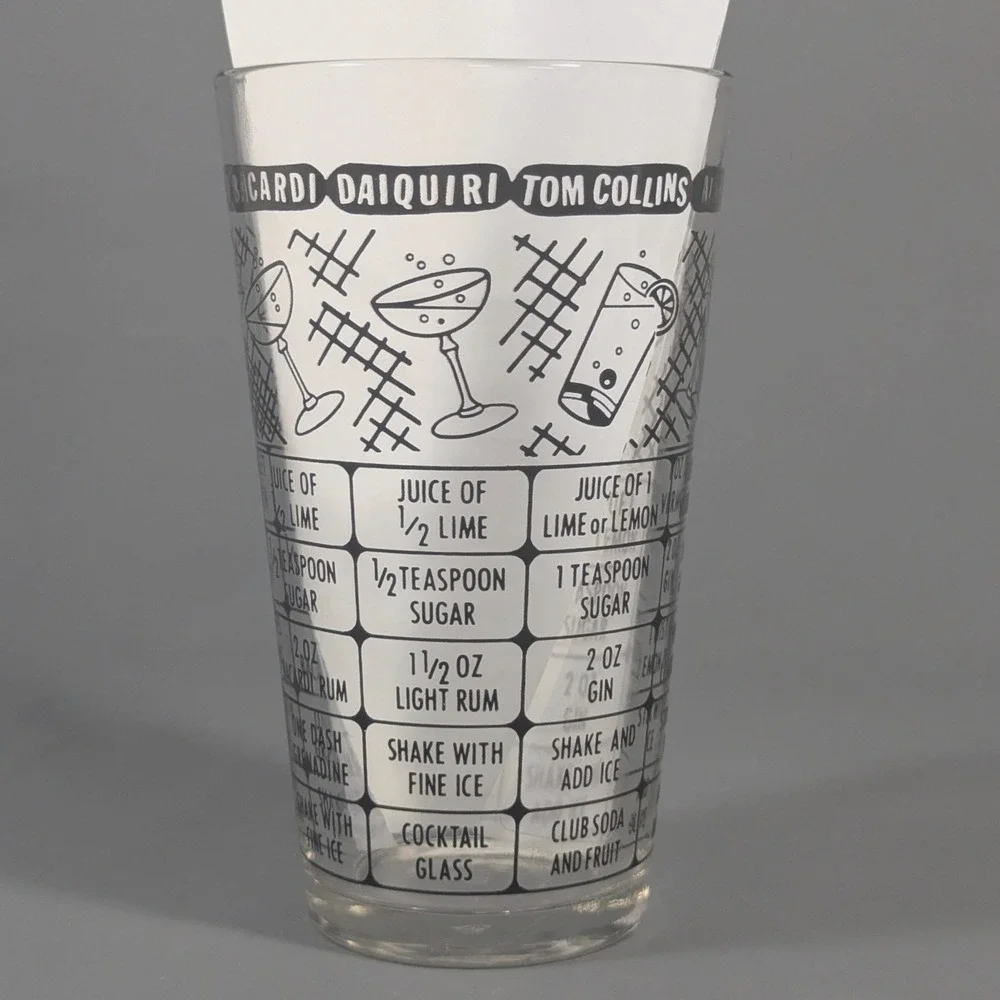 Vintage Cocktail Shaker Glass Black Recipe Print Mid Century Barware 12oz